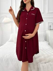 Maternity Shirt Style Sleep Dress With Alphabet Embroidery, Colorblock Trim Pajama Dress - Burgundy - View 5