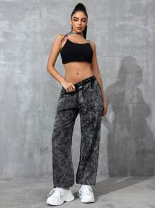 SHEIN EZwear Tie Dye Drawstring Waist Straight Leg Jeans - Dark Grey - View 6