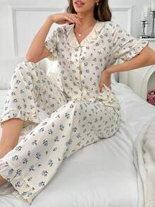 Embroidered Lace Peter Pan Collar Short Sleeve Top & Long Pants Ditsy Floral Pajama Set, Button-Up - Apricot - View 6