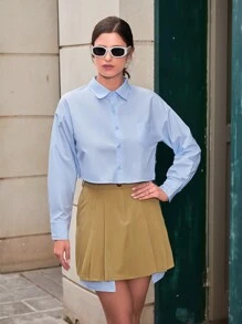 Solid Pocket Patched Shirt & Pleated Skirt Fall Cloth For Women - Khaki - View 4