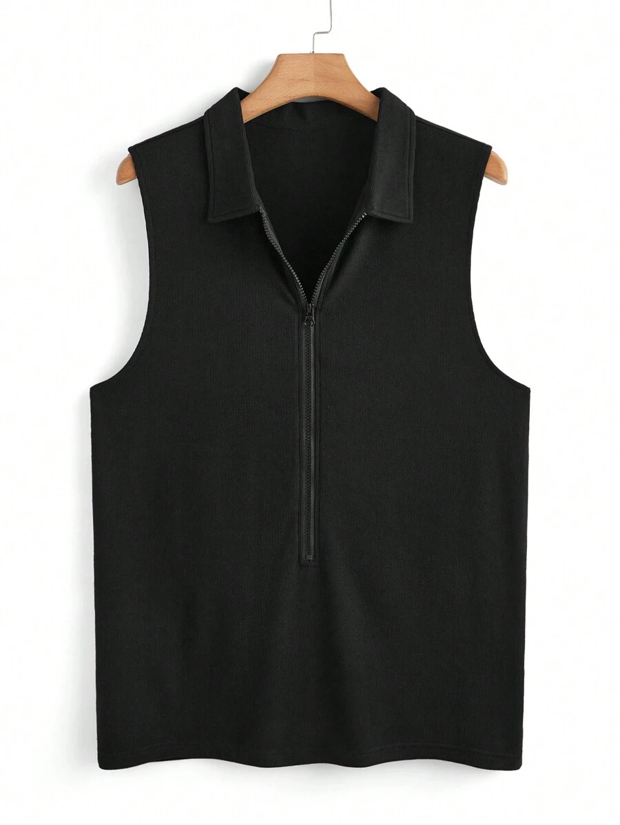 Manfinity Homme Men's Summer Casual Solid Color Plain Front Zipper Usa Korean Fashion Sleeveless Tank Top, For Rave, Work, Men Black Sleeveless Zip Up Tank Top - Black - View 1
