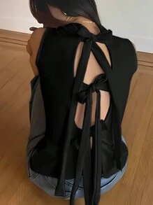 INAWLY Haut péplum sans dos avec nœud - Noir - Voir 5