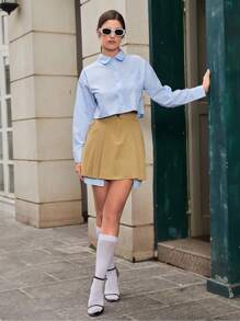 Solid Pocket Patched Shirt & Pleated Skirt Fall Cloth For Women - Khaki - View 3