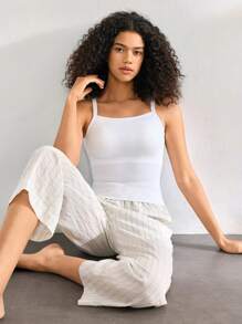 Ocili Leisure Women's Comfortable Striped Linen Home Wear Bottoms With Pockets, Long Pants - Khaki - View 3