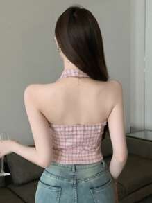 DAZY Valentine's Day Pink Plaid V-Neck Halter Party & Back To School Tank Top For Women