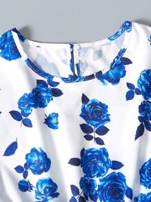 SHEIN 2 件套优雅少女开襟夹克和印花连衣裙套装，适合度假、夏季、旅行 - 藍色 - 查看 7