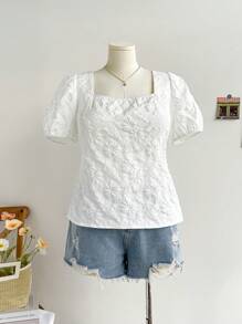 SHEIN Privé 加大码女式撞色蝴蝶结后背衬衫，提花面料后背系带白色衬衫，适合秋季返校 - 白色 - 查看 2