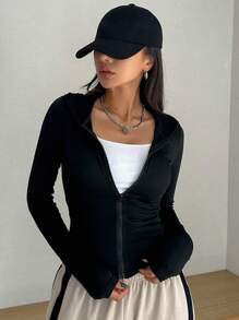 DAZY 女士修身连帽开衫 T 恤女式夹克，秋季女装 - 黑色 - 查看 3
