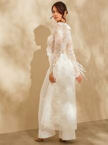 L'Amorae Lace Ruffle Tie Overlay Jumpsuit - White - View 6