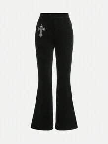 SHEIN Girlism Tween Girls Daily Casual Black Solid Color Velvet Flare Leg Pants