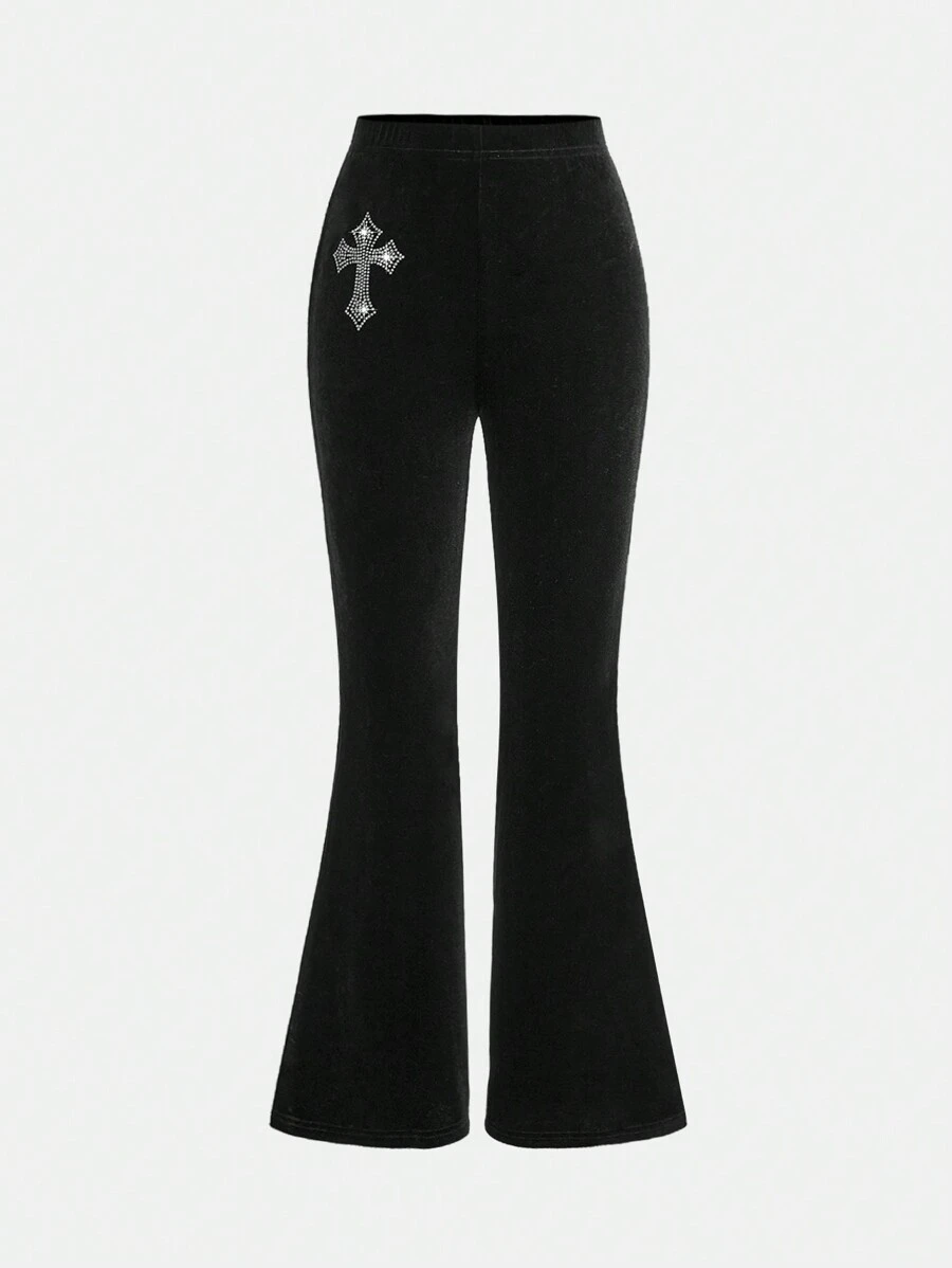 SHEIN Girlism Tween Girls Daily Casual Black Solid Color Velvet Flare Leg Pants