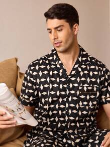 Men's Simple Printed Short Sleeve And Shorts Homewear Set - Black - View 5