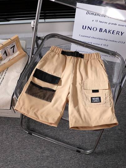 Young Boys' Casual Sports Shorts With Mesh Contrast, Multiple Pockets, Waist Button And Easy To Match With Different Tops, Suitable For Summer Outdoor Activities