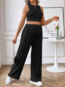 SHEIN Maternity Solid Tank Top & Adjustable Waist Wide Leg Pants - Black - View 3