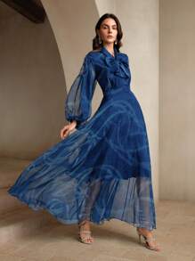 Anewsta Ladies' Delicate Klein Blue Ribbon Printed Dress Maxi Women Outfit - Blue - View 4