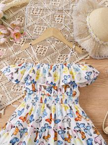 Young Girl's Woven Butterfly Pattern Off Shoulder Ruffle Hem Holiday Dress - White - View 7