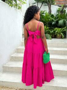 SHEIN 適用於春夏季的青少女假期休閒紋理純色荷葉邊後綁蝴蝶結連衣裙