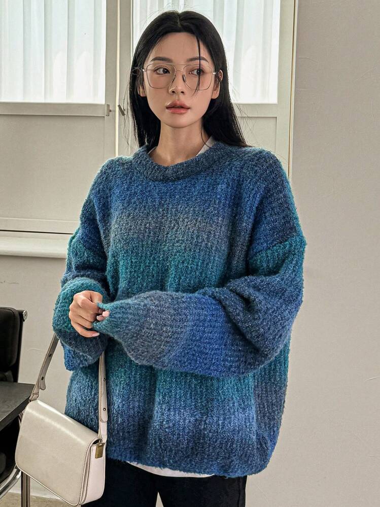 Dazy-Less Ombre Drop Shoulder Sweater,Long Sleeve Tops,Fall Women Clothes - Blue - View 18