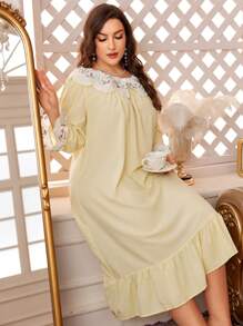 PalaceNights 加大花朵刺绣荷叶边下摆睡衣睡裙，长裙 - 黃色 - 查看 1