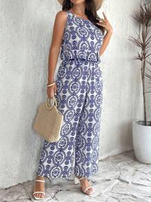 Breezaya 大尺碼全印花假日休閒背心上衣及寬腿褲套裝