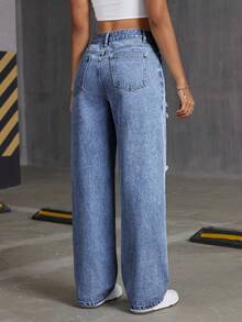 SHEIN PETITE Women's Pocket Distressed Wide Leg Loose Casual Jeans - Dark Wash - View 2