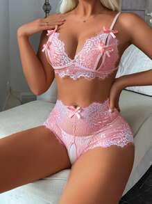 2pcs Women's Lace Sexy Lingerie Set (Wireless/Bralette & Open Crotch Four Corner Panties), Going Out - Pink - View 2