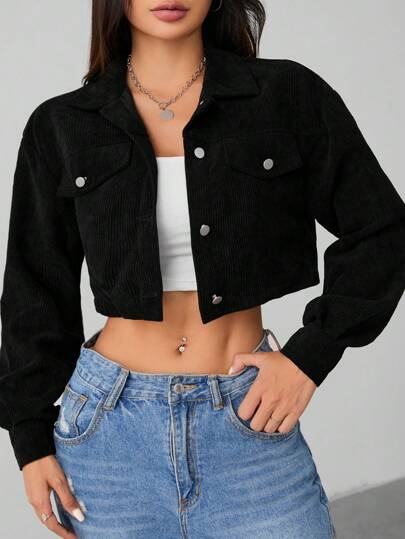 SHEIN PETITE Spring Outfits Drop Shoulder Flap Detail Crop Corduroy Black Jacket In Fall/Winter