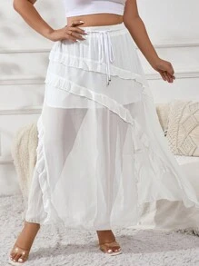 SHEIN Privé Plus Size Casual White Elastic Drawstring Waist Skirt With Split Hem And Ruffled Edges, Perfect For Everyday Wear And Summer Vacation Outfits - White - View 3