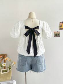 SHEIN Privé 加大码女式撞色蝴蝶结后背衬衫，提花面料后背系带白色衬衫，适合秋季返校 - 白色 - 查看 7