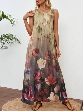 EMERY ROSE Vestido Longo sem Mangas Feminino com Estampa Floral para Férias e Casual