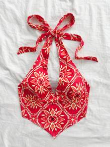 Soleia Women Vacation Orange Retro Print Halter Bowknot Tie Asymmetrical V-Neck Tight Beach Music Festival Summer Bohemian Top