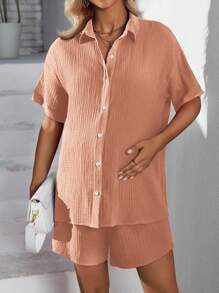 SHEIN 孕婦前扣短袖上衣和短褲套裝 - 咖啡棕 - 查看 3