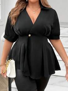 Celure Plus Size Summer Casual Solid Color Wrap Waist Blouse