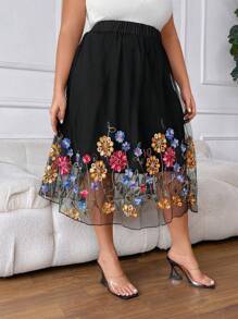 SHEIN CURVE+ Plus Size Summer Elegant Black Mesh Skirt Embroidered Hem - Black - View 7