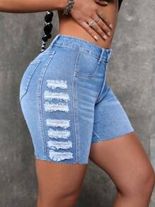 SHEIN ICON سروال جينز ممزق بأزرار نسائي ذو جيوب واسعة مريح ومتعدد الاستخدامات بلونه الغسيل