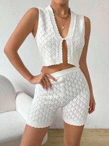 SHEIN Essnce Sexy Hollow Knit Cardigan & Shorts Set, Women's Casual 2pcs Short Top And Sweater