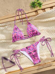 SHEIN Swim Conjunto de bikini rosa de dos piezas con estampado floral de verano, Copa triangular, impresión aleatoria