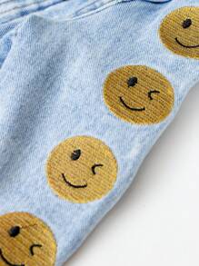 Baby Girls' New Casual Fashionable Smiling Face Embroidered Washed Denim Jacket - Medium Wash - View 3