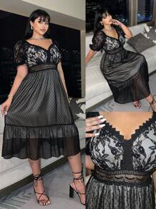SHEIN Clasi Plus Size Lace V-Neckline A-Line Dress - Black - View 1