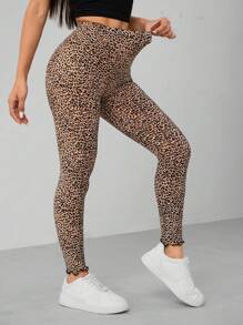 SHEIN PETITE 女士高腰高彈力豹紋緊身褲 - 彩色 - 查看 4