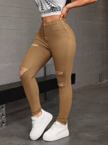 SHEIN EZwear 黑色斜口袋破洞修身牛仔褲 - 咖啡棕 - 查看 5