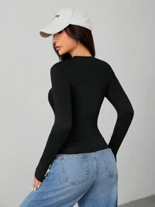 SHEIN PETITE Camiseta de manga larga de punto de alta elasticidad con gráfico de araña para mujer