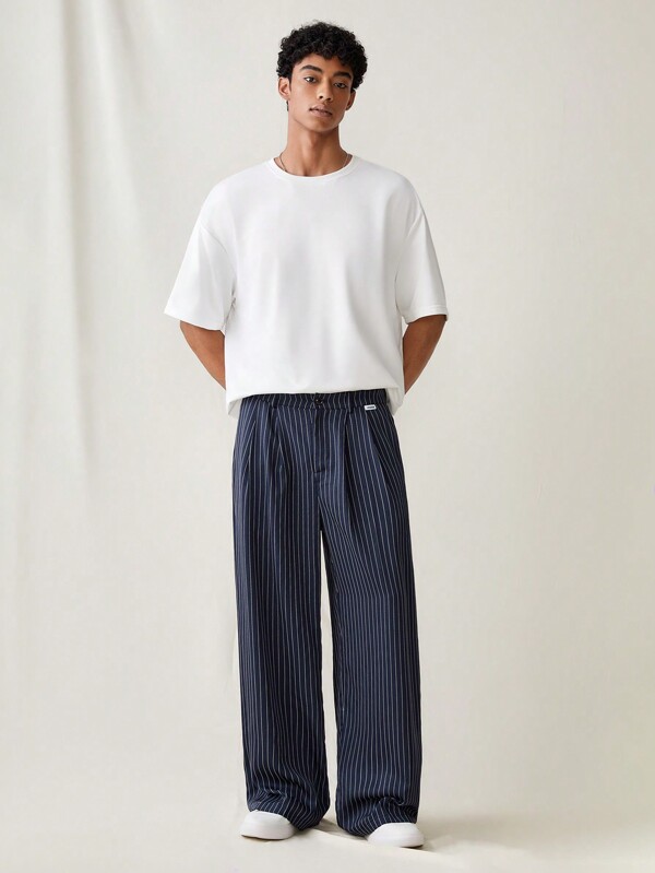 SWAVVY Men's Woven Striped Relaxed Fit Straight Leg Daily Casual Pants, Going Out Plain Long Slacks Pants, For Husband, Boyfriend Gifts