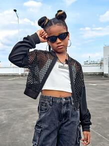 SHEIN Tween Girls' Knit Hollow Out Mesh Long Sleeve Cardigan Jacket, Sports & Casual