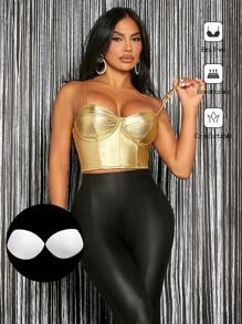 SHEIN SXY Padded Built-In Bra Padding Chest Pad Removable Padding Chest Cup Non Removable Padding Women's Solid Metallic Bustier Cami Top Corset - Gold - View 1