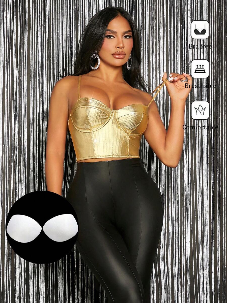 SHEIN SXY Padded Built-In Bra Padding Chest Pad Removable Padding Chest Cup Non Removable Padding Women's Solid Metallic Bustier Cami Top Corset - Gold - View 1