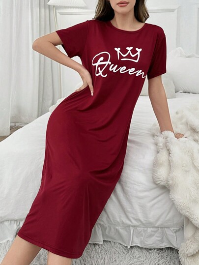 Letter Print Short Sleeve Shirt Long Pajama Night Dress, Moo Sleep Dress view 4