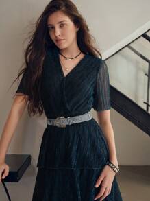 MOTF PREMIUM SOLID SURPLICE NECK LAYERED RUFFLE HEM PLISSE DRESS