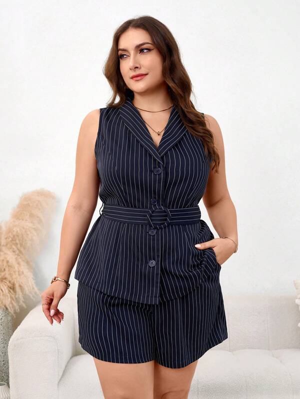 SHEIN Clasi Plus Size Elegant Striped Commuting Slim Fit Suit Set For Early Autumn