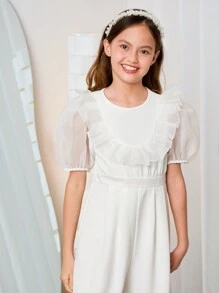 Elegant Round Neck Ruffle Trim Puff Sleeve Nine-Quarter Length Jumpsuit For Tween Girls - White - View 6